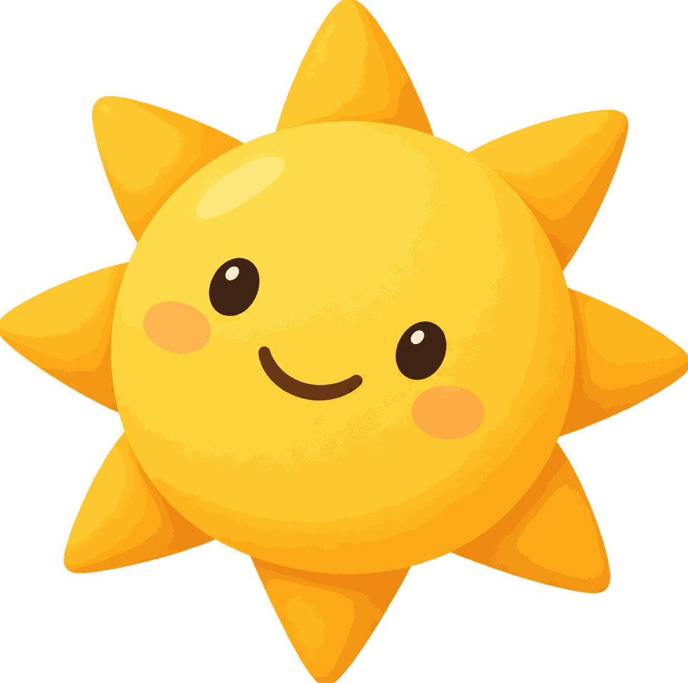 A close-up portrait of the Knomi sun character.