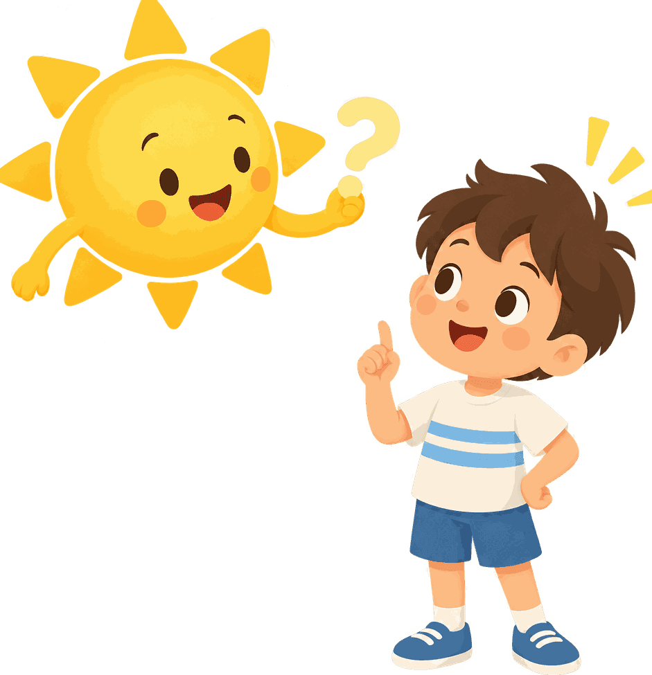 The sun character offering a question mark to a child who is working it out.