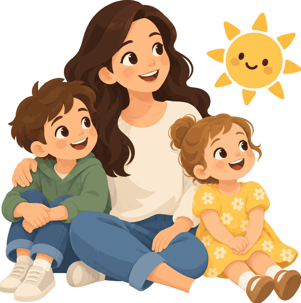 A parent sitting with two children, the sun character beside them.
