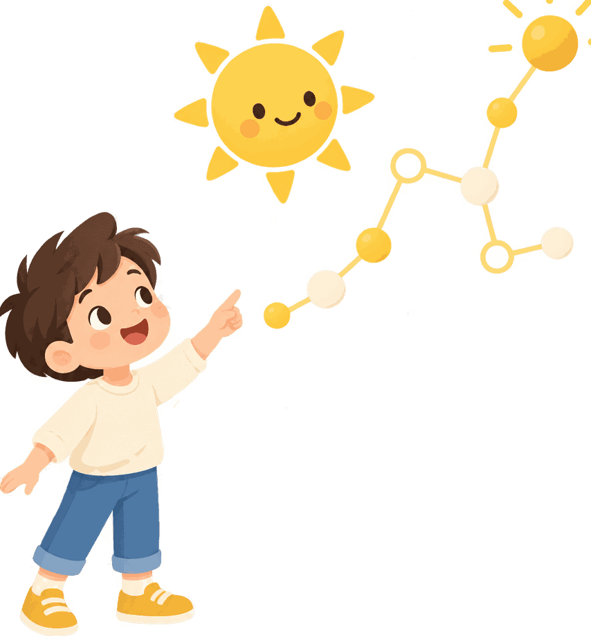 The sun beside a branching constellation of skill nodes, some filled and some hollow, that a child is looking up at.